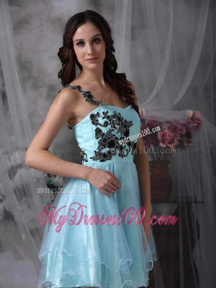 Aqua Blue A-line One Shoulder Mini-length Organza Appliques Prom