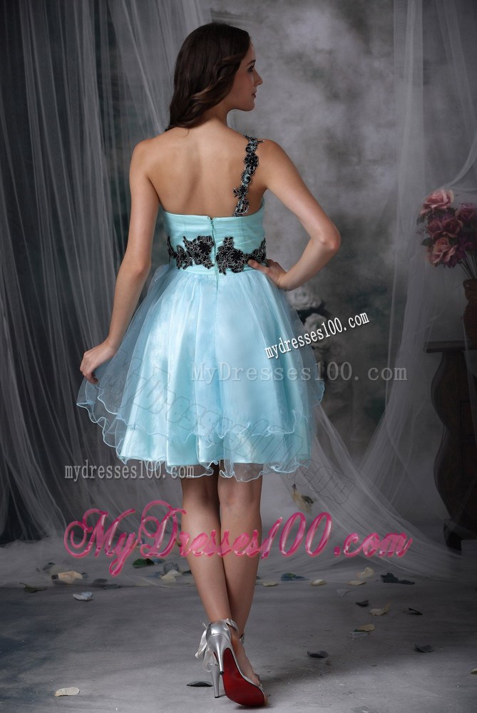 Aqua Blue A-line One Shoulder Mini-length Organza Appliques Prom
