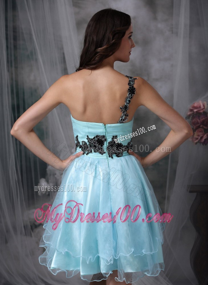 Aqua Blue A-line One Shoulder Mini-length Organza Appliques Prom