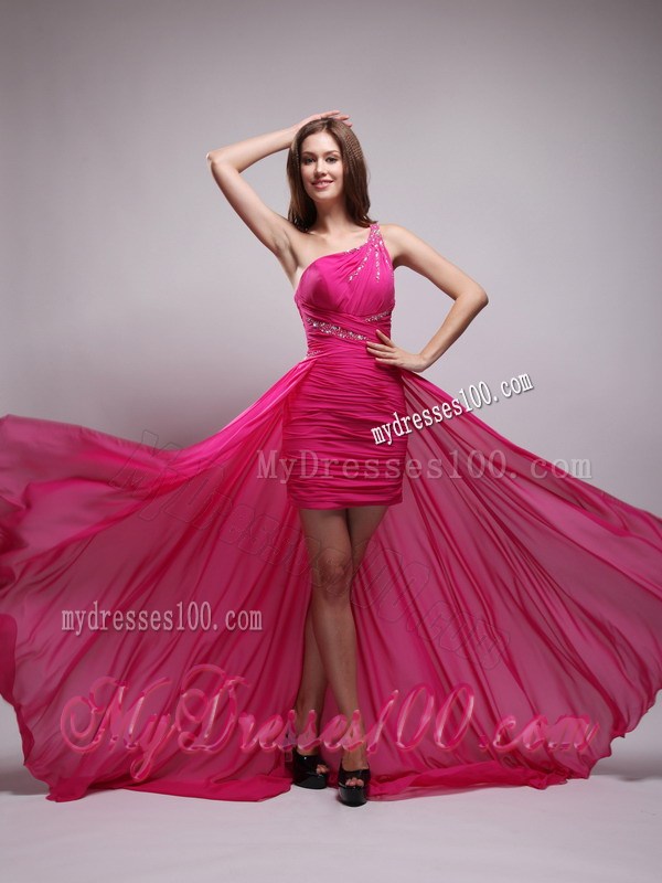 Hot Pink One Shoulder Brush Train Chiffon Beaded Highlow Prom Gown