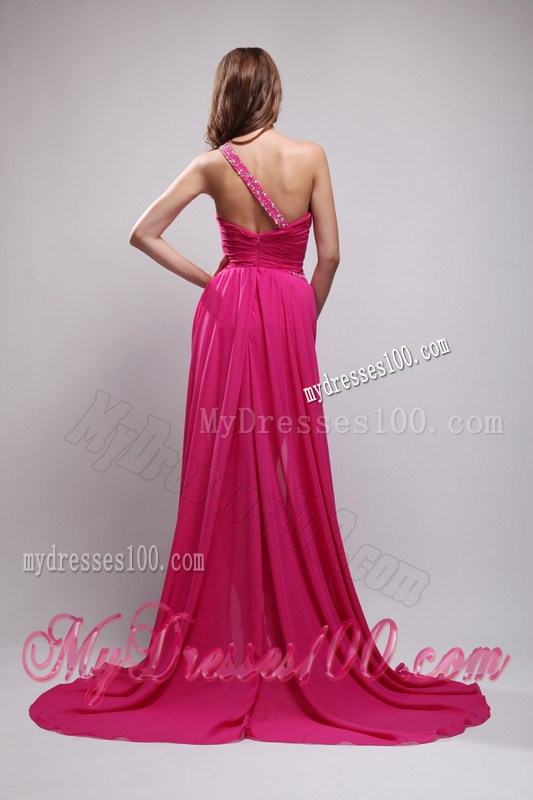 Hot Pink One Shoulder Brush Train Chiffon Beaded Highlow Prom Gown