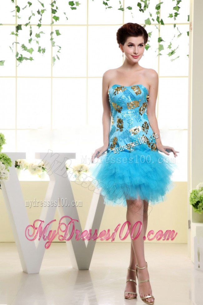 Appliques and Ruffles for Mini-length Baby Blue Prom Dresses