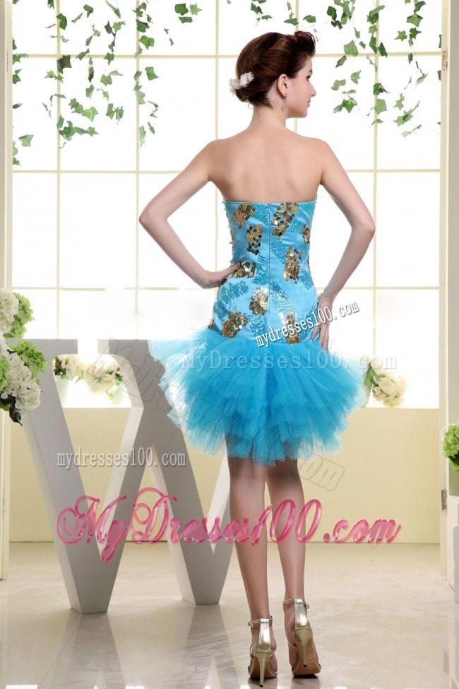 Appliques and Ruffles for Mini-length Baby Blue Prom Dresses