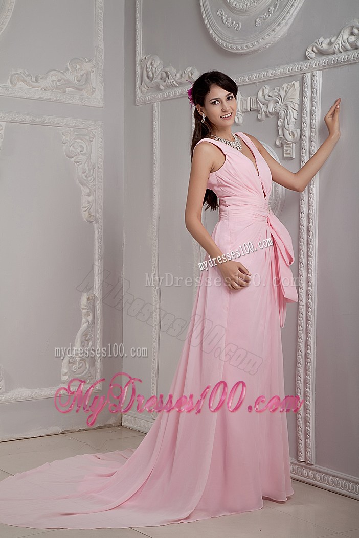 Plunging Neckline Baby Pink Court Train Prom Dresses with Half Bowknot Accent