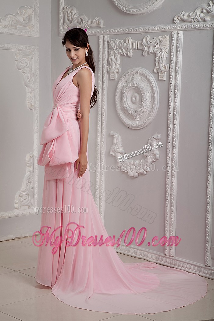 Plunging Neckline Baby Pink Court Train Prom Dresses with Half Bowknot Accent