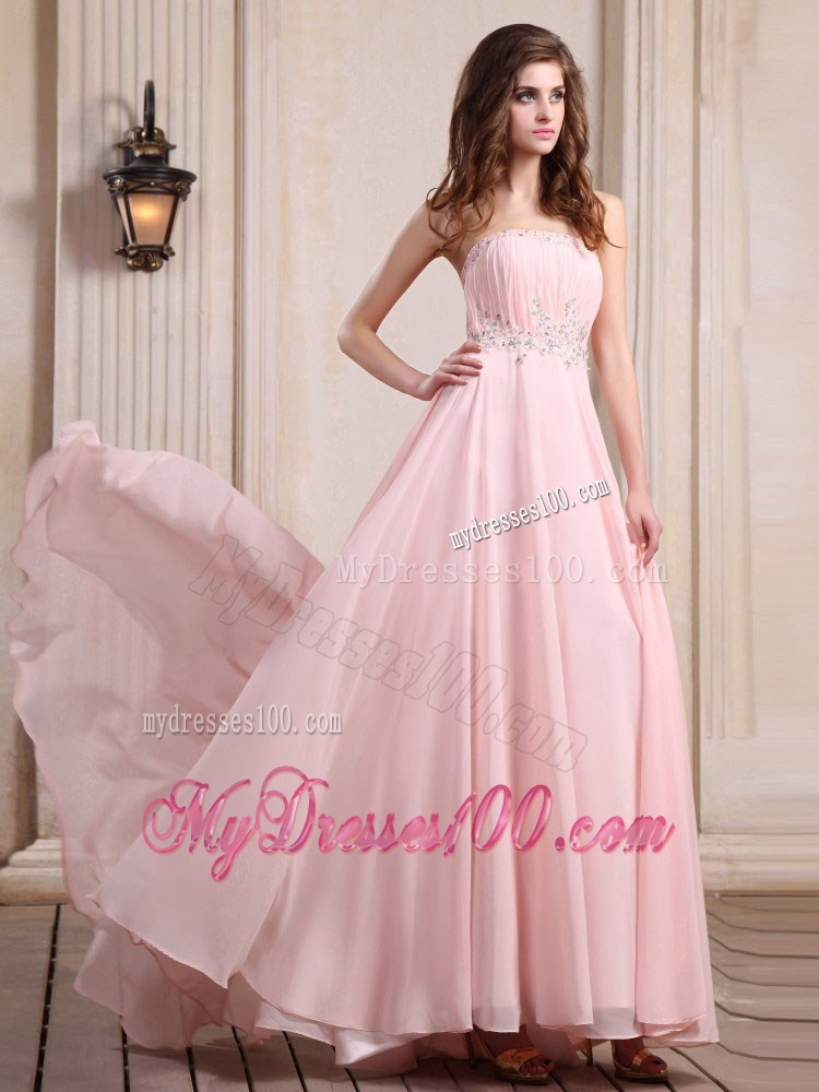 Strapless Baby Pink Brush Train Beaded Chiffon Prom Dress for Party