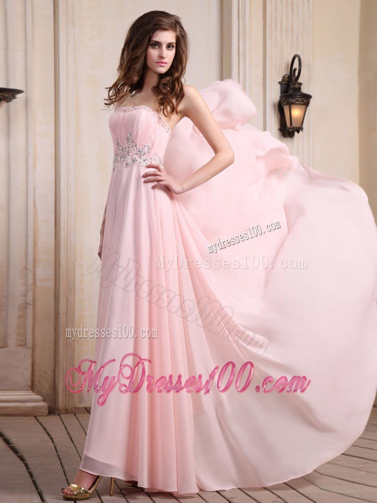 Strapless Baby Pink Brush Train Beaded Chiffon Prom Dress for Party