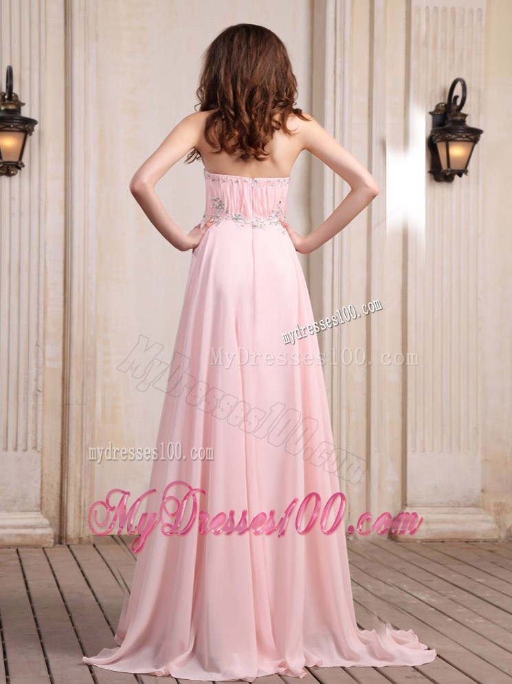 Strapless Baby Pink Brush Train Beaded Chiffon Prom Dress for Party