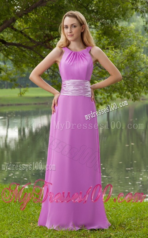 Lavender Empire Bateau Brush Train Chiffon Ruched Prom Dress with Belt