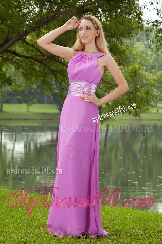 Lavender Empire Bateau Brush Train Chiffon Ruched Prom Dress with Belt
