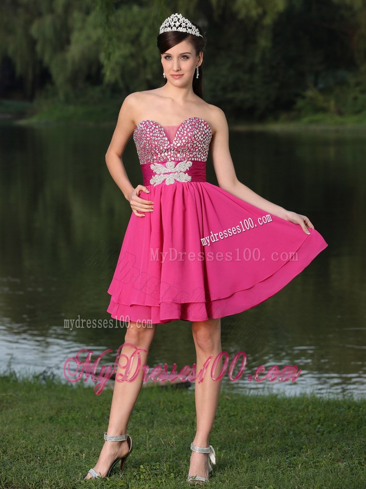 Mini-length Beading Decorate Hot Pink for Prom Cocktail Dress with Belt