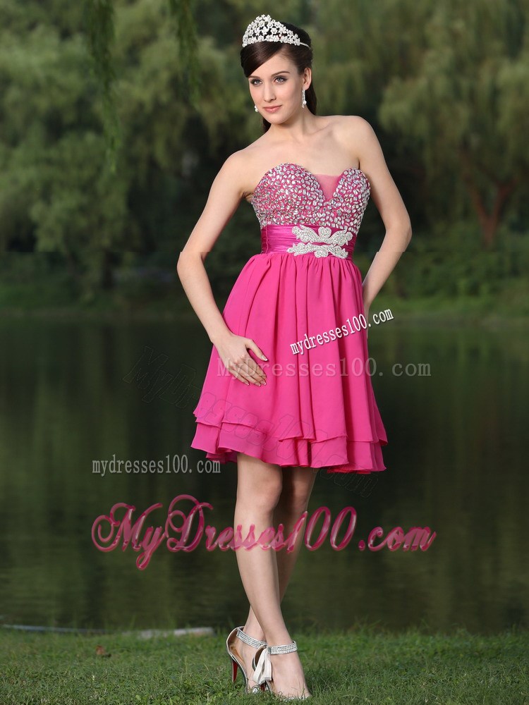 Mini-length Beading Decorate Hot Pink for Prom Cocktail Dress with Belt