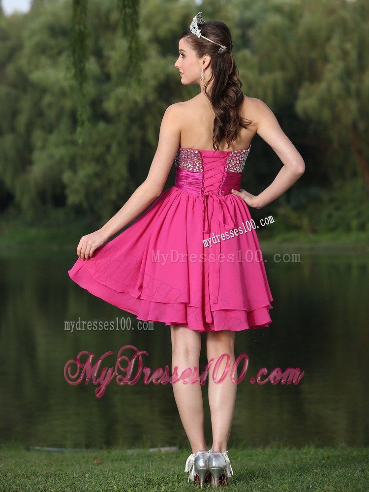 Mini-length Beading Decorate Hot Pink for Prom Cocktail Dress with Belt