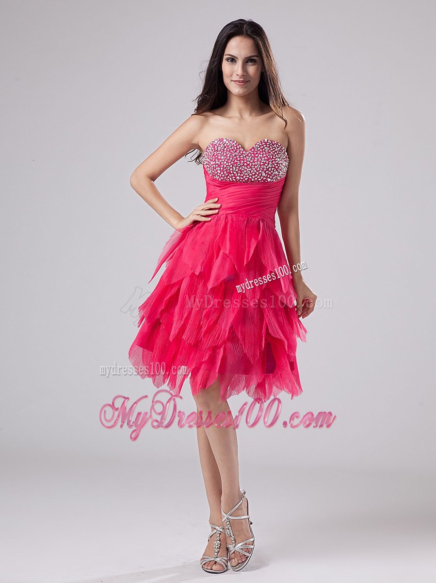 Beading Decorated Sweetheart Coral Red Prom Cocktail Dress with Ruffles