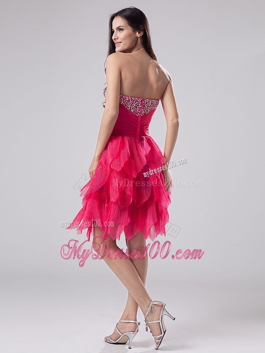 Beading Decorated Sweetheart Coral Red Prom Cocktail Dress with Ruffles