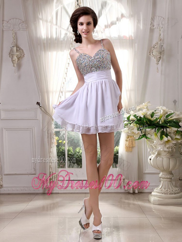 Mini-length Beaded Prom Cocktail Dress with Spaghetti Straps