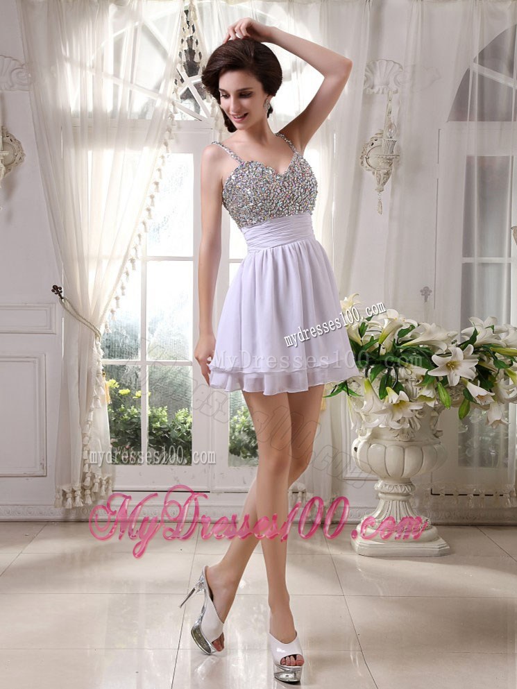 Mini-length Beaded Prom Cocktail Dress with Spaghetti Straps