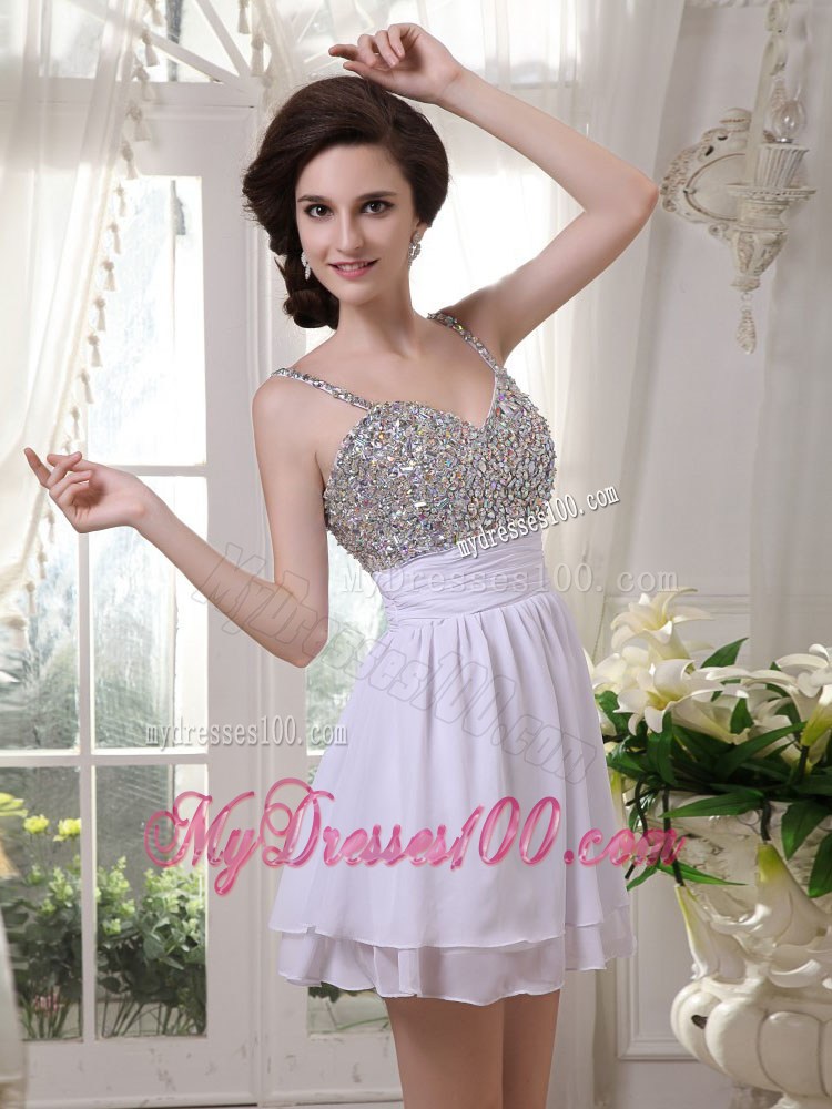 Mini-length Beaded Prom Cocktail Dress with Spaghetti Straps