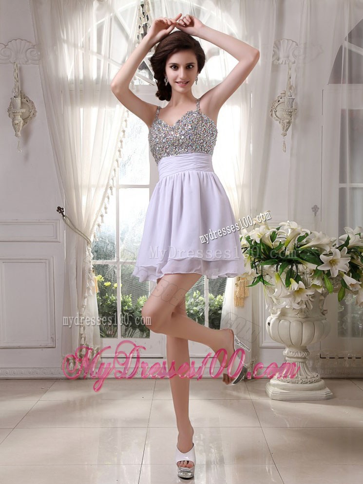 Mini-length Beaded Prom Cocktail Dress with Spaghetti Straps