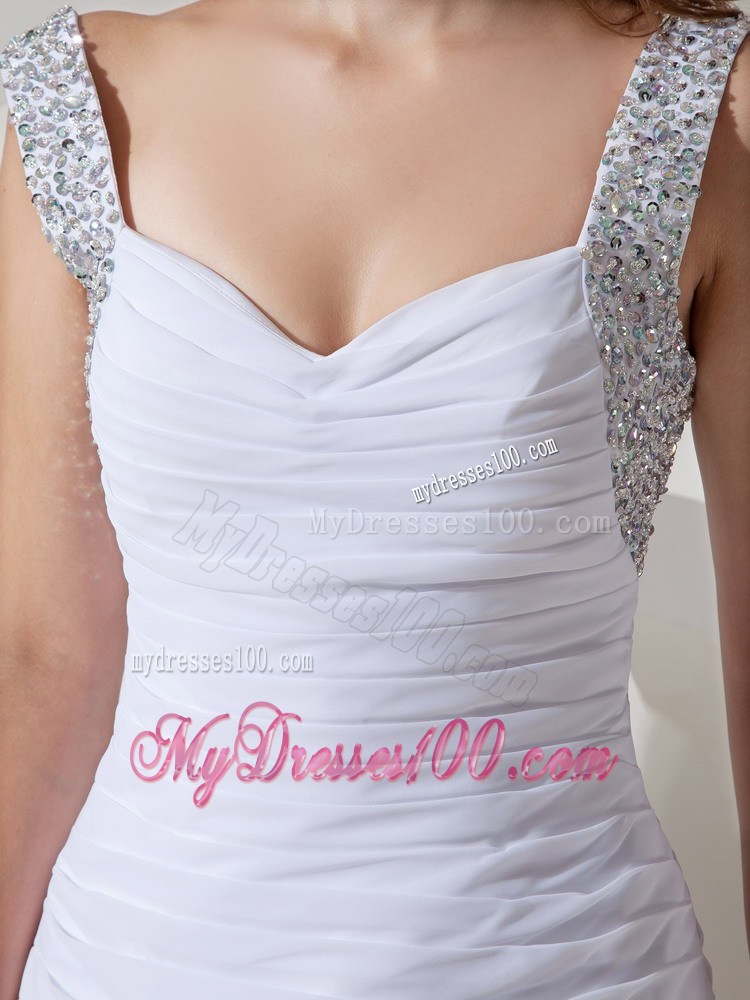 Ruched and Beaded White Chiffon Prom Dresses of Mini-length and Straps