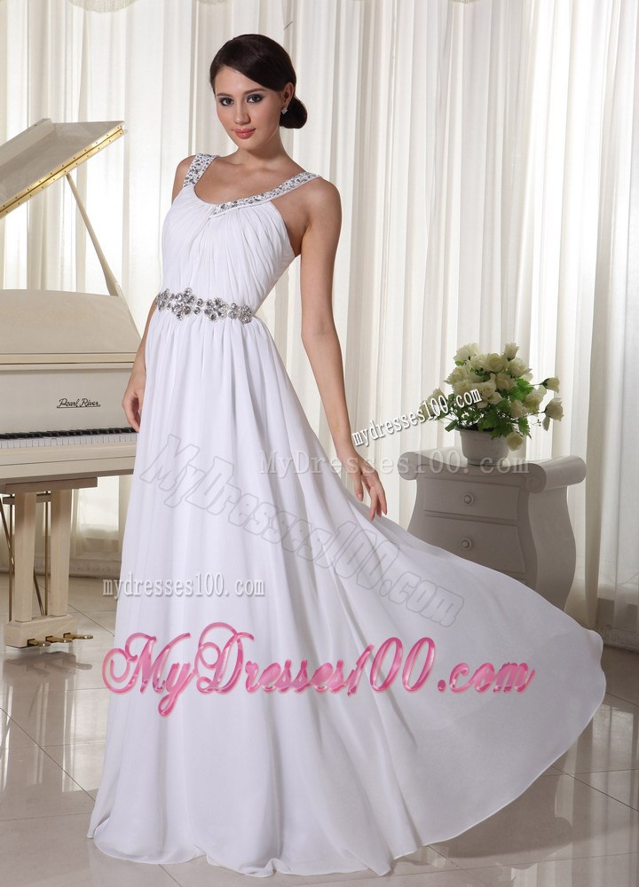 Beaded Straps and Waist for White Chiffon Empire Prom Party Dress
