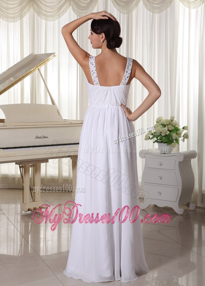 Beaded Straps and Waist for White Chiffon Empire Prom Party Dress