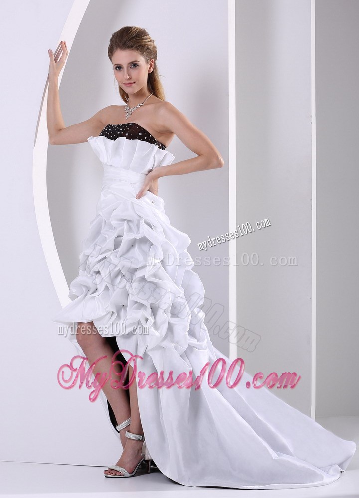 Brush Train High-low White and Black Prom Dress with Beaded and Pick-ups