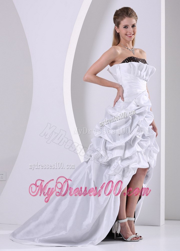 Brush Train High-low White and Black Prom Dress with Beaded and Pick-ups
