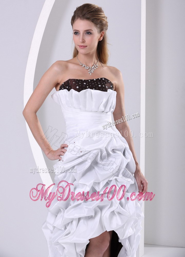 Brush Train High-low White and Black Prom Dress with Beaded and Pick-ups