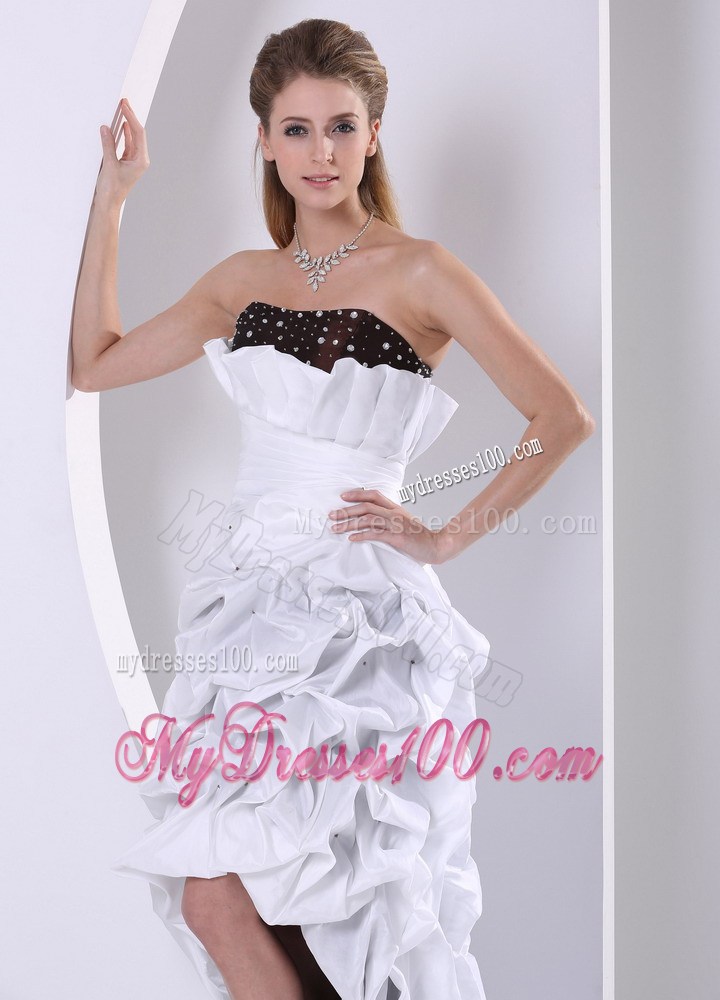 Brush Train High-low White and Black Prom Dress with Beaded and Pick-ups