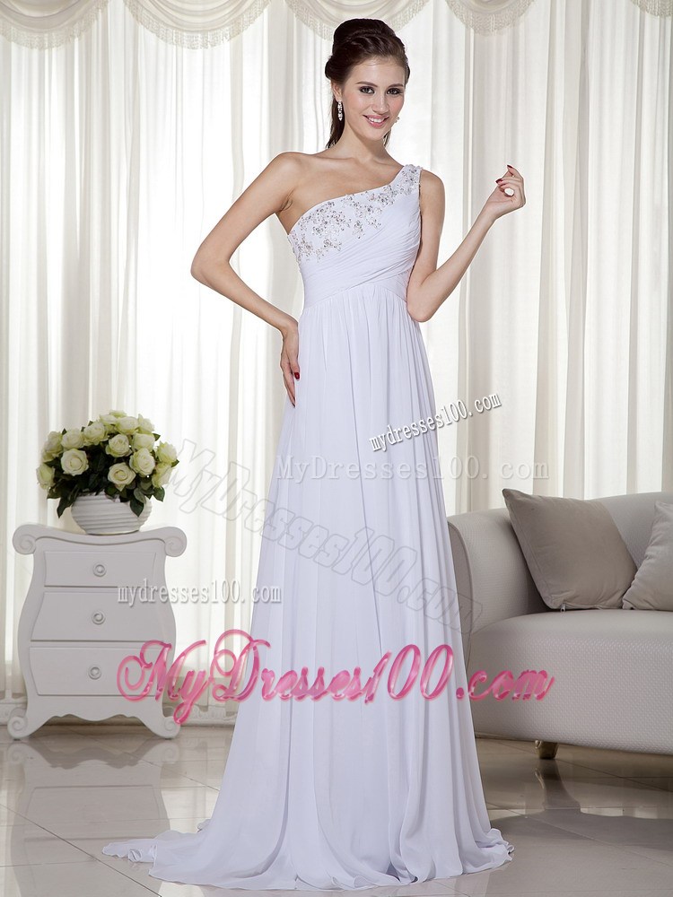 White One Shoulder Brush Train Chiffon Prom Gown with Beading and Ruche