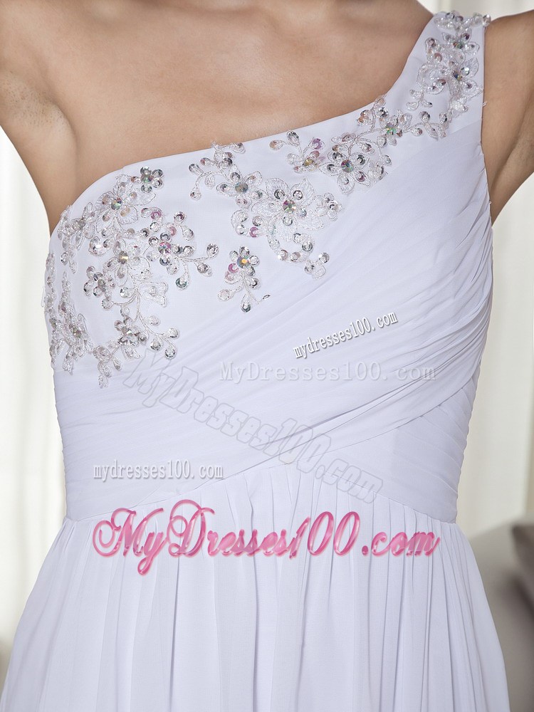 White One Shoulder Brush Train Chiffon Prom Gown with Beading and Ruche