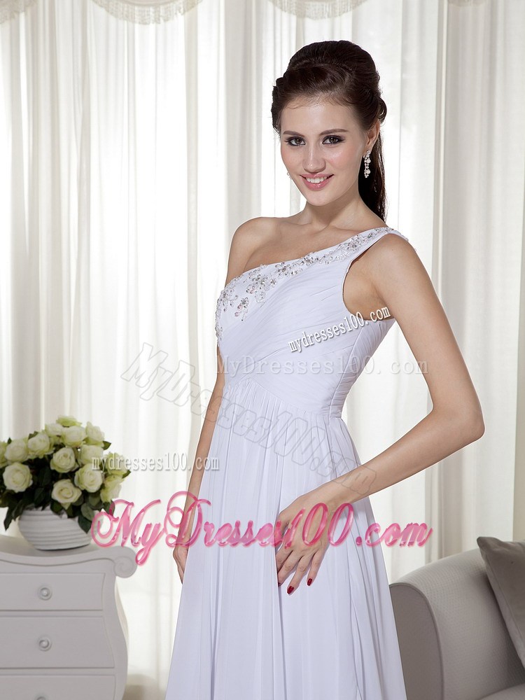 White One Shoulder Brush Train Chiffon Prom Gown with Beading and Ruche