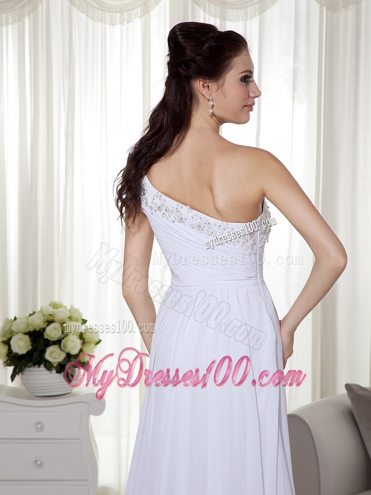 White One Shoulder Brush Train Chiffon Prom Gown with Beading and Ruche