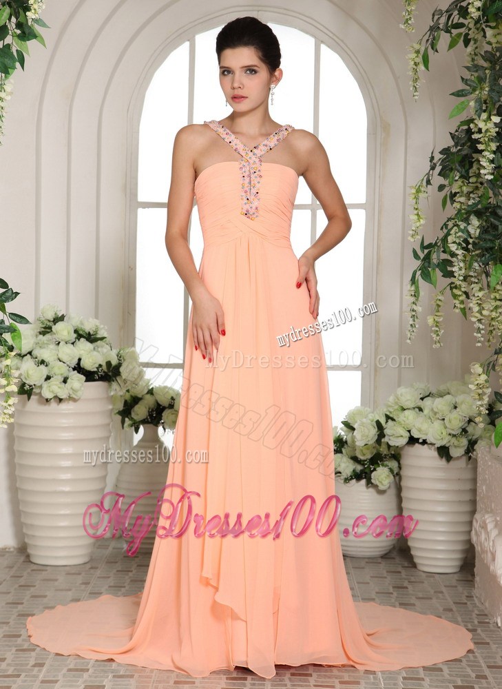 Beading and Ruche Court Train Baby Pink Prom Party Dress with Straps