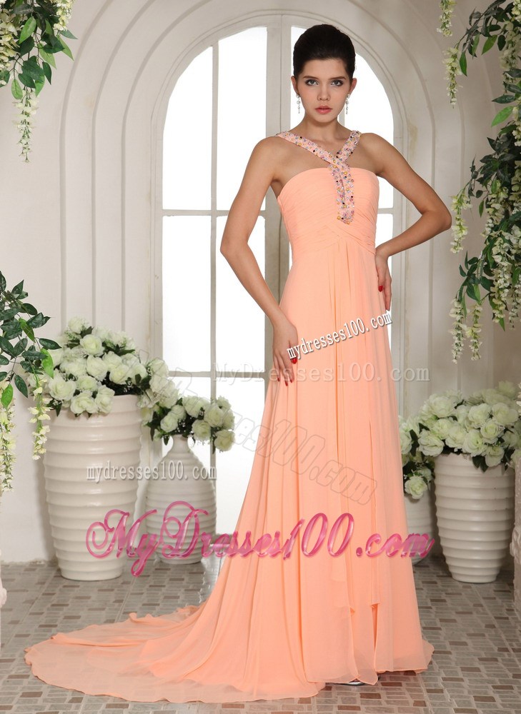 Beading and Ruche Court Train Baby Pink Prom Party Dress with Straps