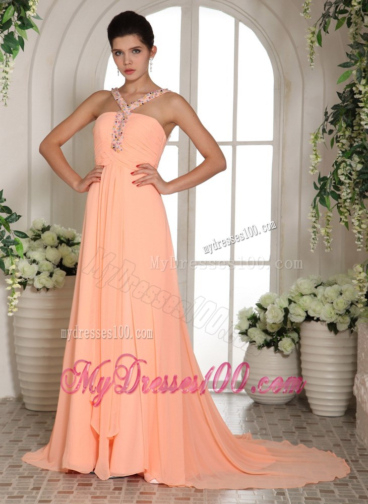 Beading and Ruche Court Train Baby Pink Prom Party Dress with Straps