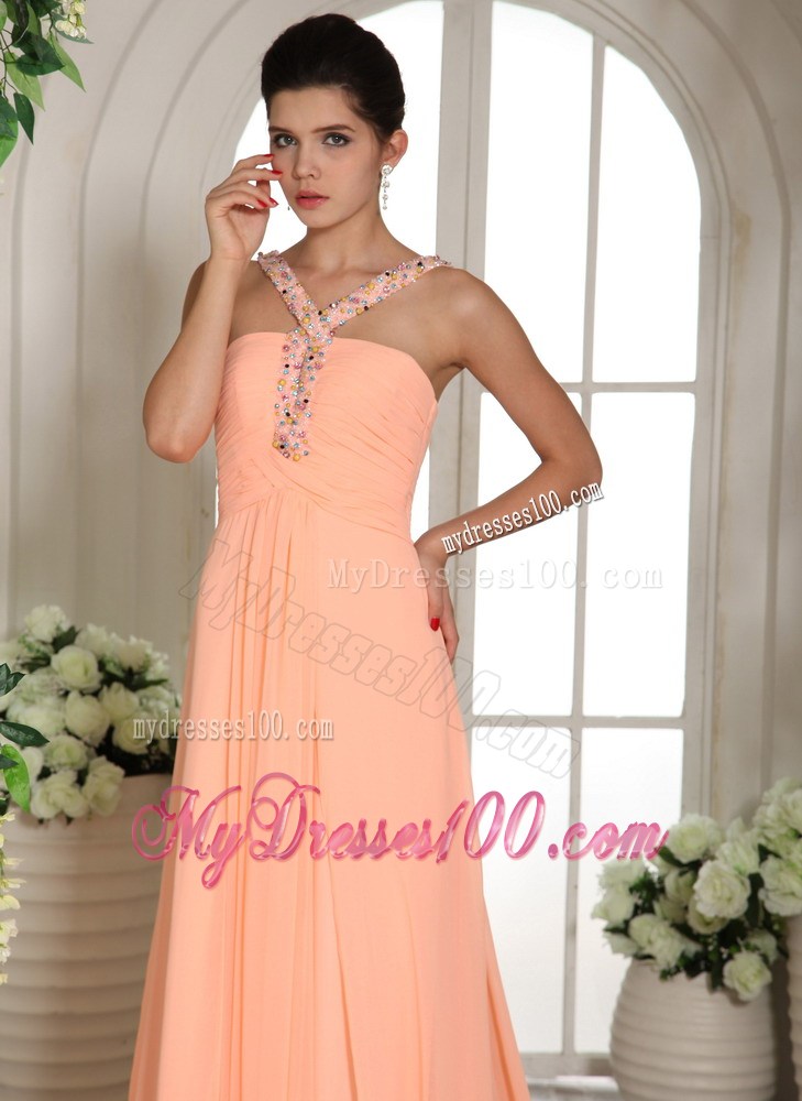 Beading and Ruche Court Train Baby Pink Prom Party Dress with Straps