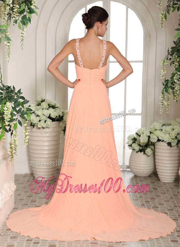 Beading and Ruche Court Train Baby Pink Prom Party Dress with Straps