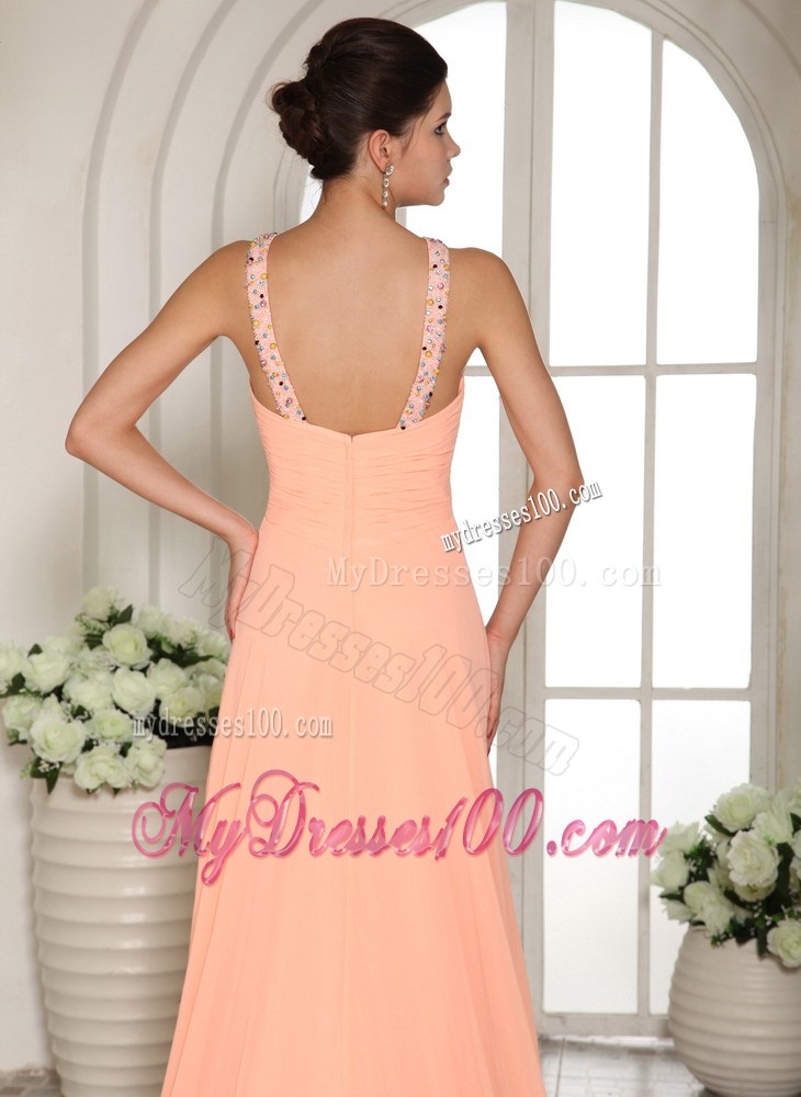 Beading and Ruche Court Train Baby Pink Prom Party Dress with Straps