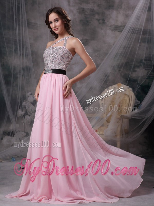 Baby Pink Brush Train Chiffon Prom Gown with One Shoulder and Beading