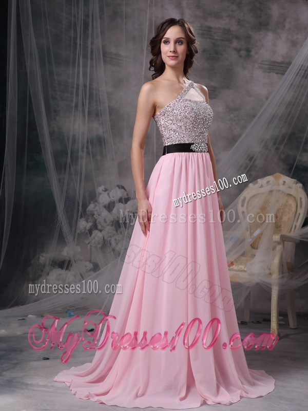 Baby Pink Brush Train Chiffon Prom Gown with One Shoulder and Beading