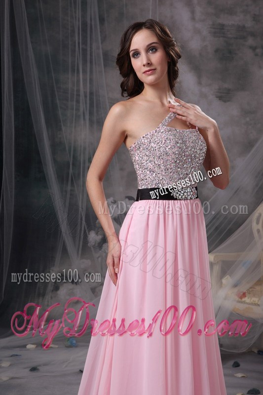 Baby Pink Brush Train Chiffon Prom Gown with One Shoulder and Beading