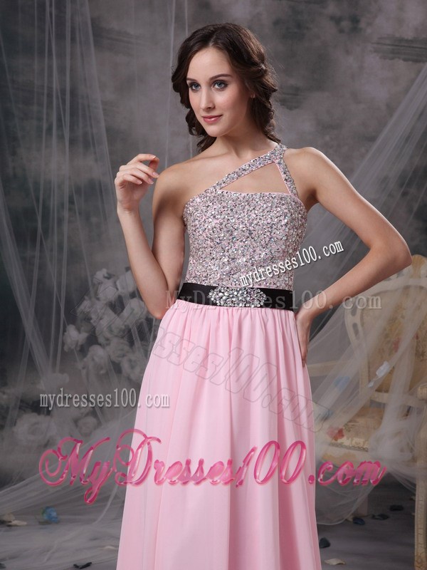 Baby Pink Brush Train Chiffon Prom Gown with One Shoulder and Beading