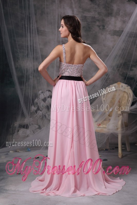 Baby Pink Brush Train Chiffon Prom Gown with One Shoulder and Beading
