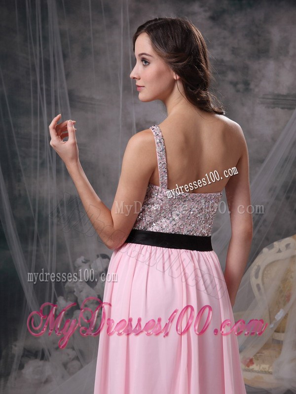 Baby Pink Brush Train Chiffon Prom Gown with One Shoulder and Beading