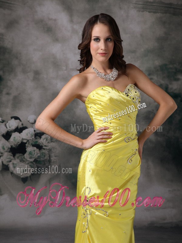 Yellow Column Sweetheart Evening Dress Taffeta Beading Appliques