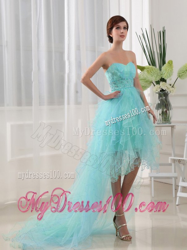 Ruffles and Ruches Accent Aqua Blue Prom Gown with Front Short and Back Long