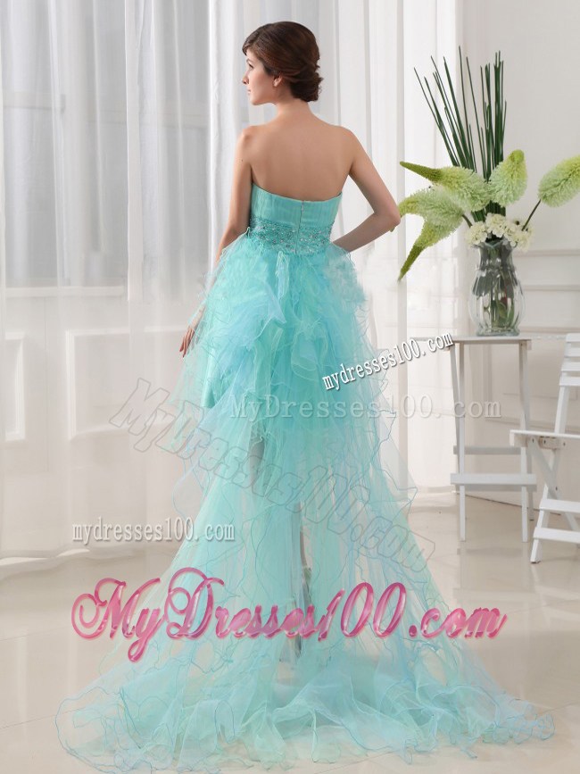 Ruffles and Ruches Accent Aqua Blue Prom Gown with Front Short and Back Long