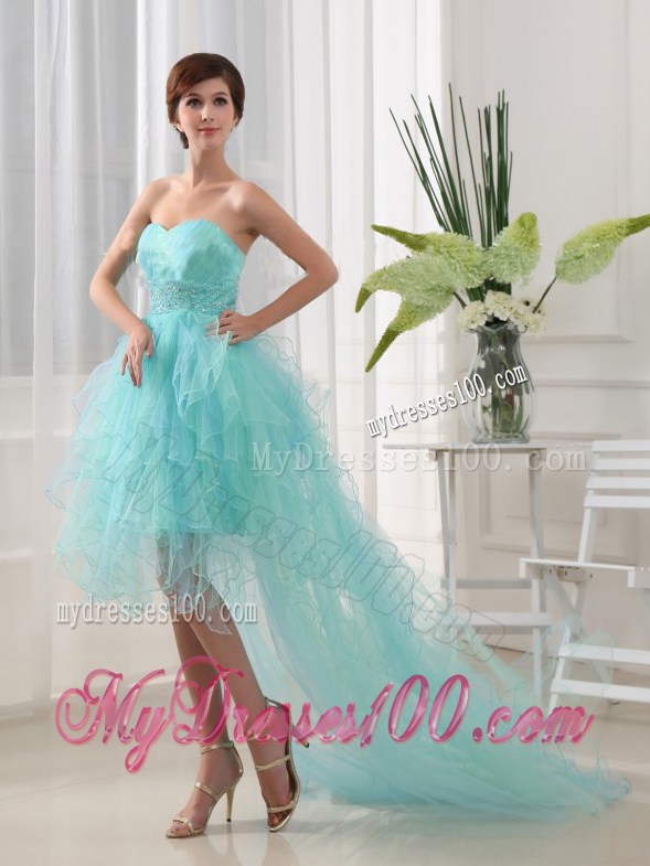 Ruffles and Ruches Accent Aqua Blue Prom Gown with Front Short and Back Long